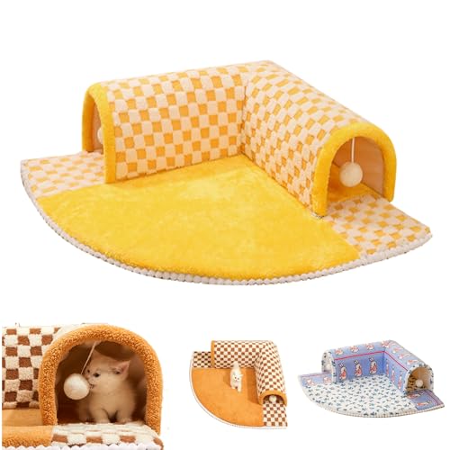 Cat Tunnel Bed, Katzentunnel Katzenbett, Katzentunnel und Bett, 2-in-1-Katzentunnel Mit Lustigem Plüsch-Karomuster, Katzenbett Klappbar mit Flauschigem Spielzeugball von FulnES