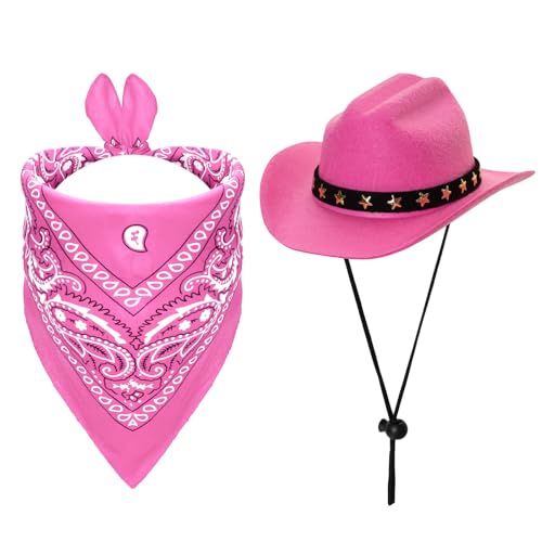 Fumwase Cowboy-Kostüm für Haustiere, Halloween-Kostüme für Hunde, Katzen, Cowboyhüte mit Bandana, Schal, Kostümzubehör, für Hunde und Katzen, Rosa, Größe S von Fumwase