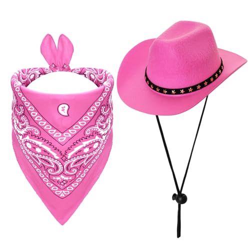 Fumwase Cowboy-Kostüm für Haustiere, Halloween-Kostüme für Hunde, Katzen, Cowboyhüte mit Bandana, Schal, Kostümzubehör, für Hunde und Katzen (Rosa, Größe L) von Fumwase
