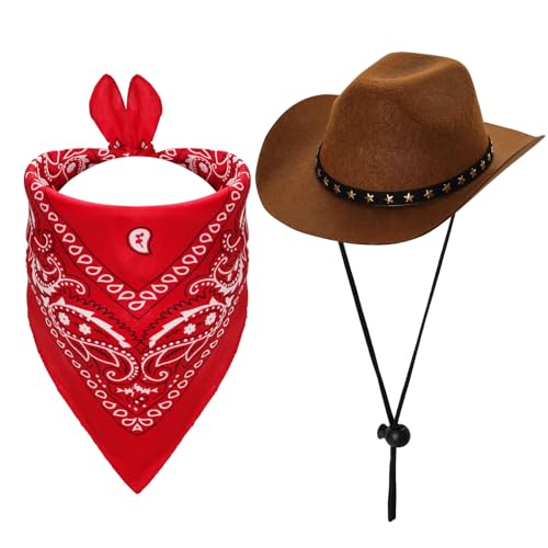 Fumwase Cowboy-Kostüm für Haustiere, Halloween-Kostüme für Hunde, Katzen, Cowboyhüte mit Bandana, Schal, Kostümzubehör für Hunde und Katzen, Rot, Größe L von Fumwase