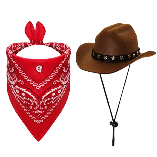 Fumwase Cowboy-Kostüm für Haustiere, Halloween-Kostüme für Hunde, Katzen, Cowboyhüte mit Bandana, Schal, Kostümzubehör für Hunde und Katzen, Rot, Größe S von Fumwase