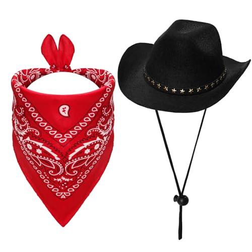 Fumwase Cowboy-Kostüm für Haustiere, Halloween-Kostüme für Hunde, Katzen, Cowboyhüte mit Bandana, Schal, Kostümzubehör für Hunde und Katzen (schwarzer Hut + Rot, Größe L) von Fumwase