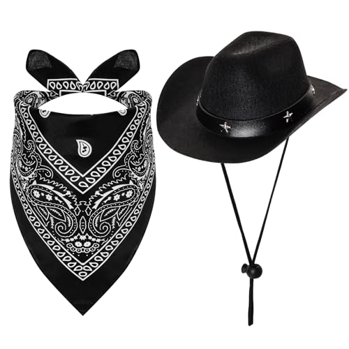 Fumwase Cowboy-Kostüm für Haustiere, Halloween-Kostüme für Hunde, Katzen, Welpen, Hüte mit Bandana, Schal, Cowboy-Kostüm, Zubehör, Hund, Katze für Party, Festival und Alltag (schwarz, groß) von Fumwase
