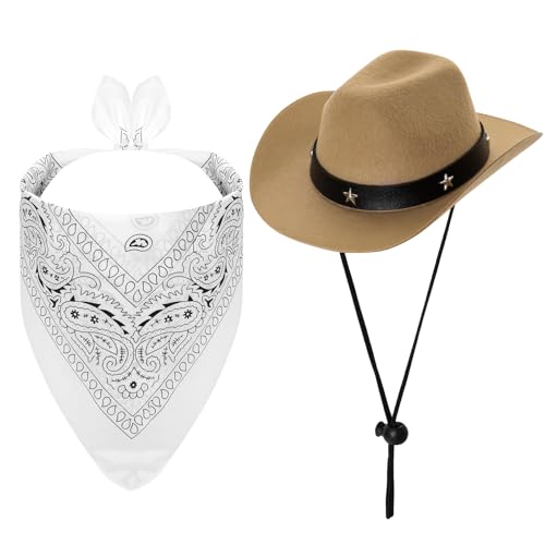 Fumwase Cowboy-Kostüm für Haustiere, Halloween-Kostüme für Hunde, Katzen, Welpen, Hüte mit Bandana, Schal, Cowboy-Kostüm, Zubehör, Hund, Katze für Party, Festival und tägliches Tragen (Off-White, L) von Fumwase