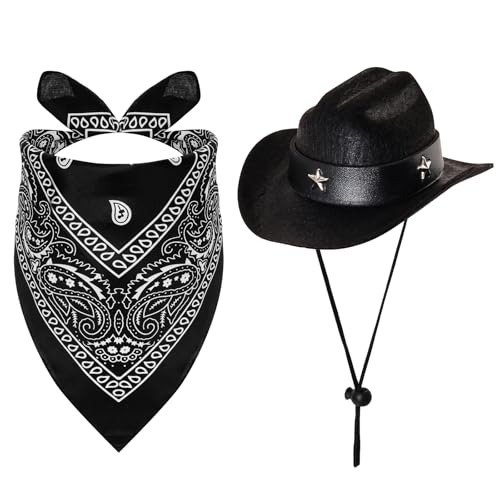 Fumwase Cowboy-Kostüm für Haustiere, Halloween-Kostüme für Hunde, Katzen, Welpen, Hüte mit Bandana, Schal, Cowboy-Kostüm, Zubehör, Hund, Katze für Party, Festival und tägliches Tragen (schwarz, klein) von Fumwase
