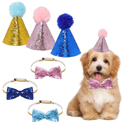 Fumwase Jazzhut und glitzernde Fliege, abbrechbares Halsband-Set, mehrfarbig, verstellbares Stirnband für Kätzchen, Welpen, kleine Hunde, Katzen, Partyzubehör (Rosa + Blau + Seeblau), 6-teilig von Fumwase