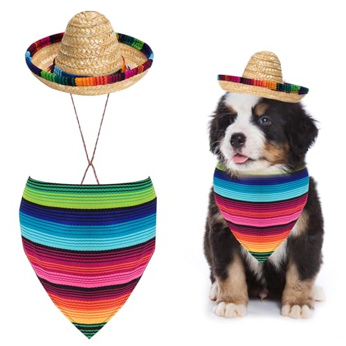 Fumwase Sombrero-Hüte, Strohhut, mexikanisches kleines Haustier-Kostüm, Hunde-Bandana, Kostüm für mexikanische Halloween, Weihnachten von Fumwase