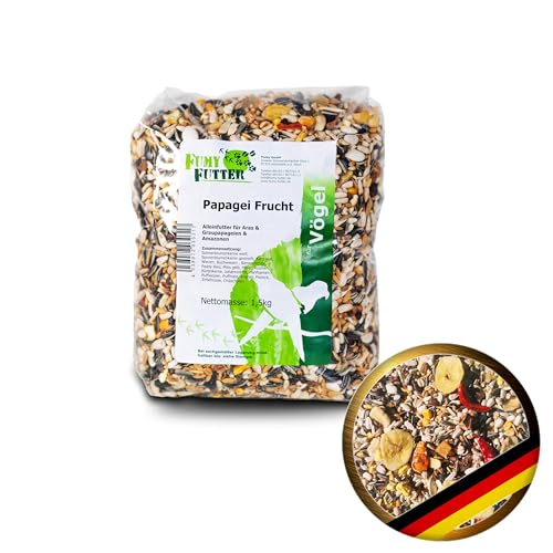 FumyFutter Papagei Frucht Mix, Exklusives Alleinfutter, Premium-Papageienfutter für Aras, Graupapageien und Amazonen, mit Früchten, Nüssen und Chilis verfeinert, 1,5kg, 1x Beutel von FumyFutter