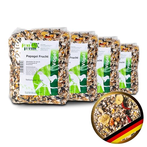 FumyFutter Papagei Frucht-Mix, mit Früchten, Nüssen und Chilis, für Aras, Graupapageien und Amazonen, 6kg, 4X 1,5kg Beutel von FumyFutter
