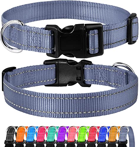 FunTags Reflektierendes Nylon-Hundehalsband, verstellbare Haustier-Halsbänder mit Schnellverschluss-Schnalle, 12 klassische, einfarbige Farben, 4 Größen, grau, groß von FunTags