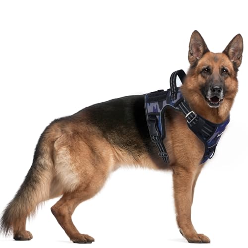 Funfox Hundegeschirr Grosse Hunde, No Pull Hundegeschirr für Große Hunde Einstellbar Taktisches Robust Anti Zug Brustgeschirr Hund Mittelgroße Hunde Geschirrset Atmungsaktiv Dog Harness Camo Lila L von Funfox