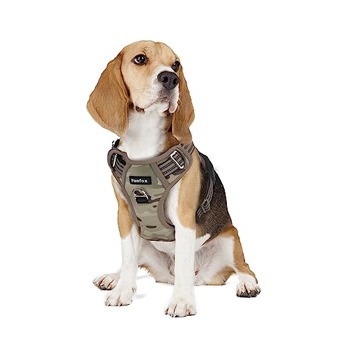 Funfox Hundegeschirr Mittelgroße Hunde [M] - Verstellbares Anti-Zug Brustgeschirr mit Griff & Reflektorstreifen, Atmungsaktives No Pull Hundegeschirr für Grosse/Kleine Hunde Outdoor Tarngrün von Funfox