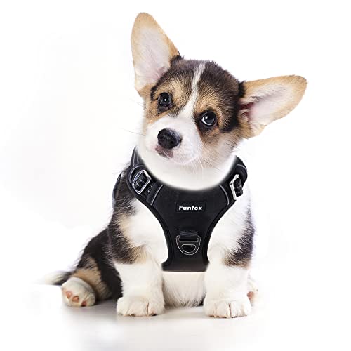 Funfox Hundegeschirr Kleine Hunde [S] - Anti Zug Welpengeschirr mit Griff & Ringreflektoren, Atmungsaktives Verstellbares No Pull Brustgeschirr für Kleine/Mittelgroße Hunde Outdoor Schwarz von Funfox
