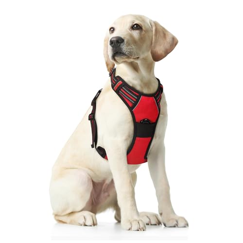 Funfox Hundegeschirr für Große Anti Zug Brustgeschirr Einstellbar Grosse Hunde Geschirrset, Antiziehgeschirr für Mittelgroße Hunde Atmungsaktiv No Pull Dog Harness Rot L von Funfox