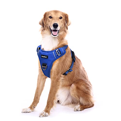 Funfox Hundegeschirr Grosse Hunde [XL] - Verstellbares Anti-Zug Brustgeschirr mit Griff & Reflektorstreifen, Atmungsaktives No Pull Hundegeschirr für Grosse/Mittelgroße Hunde Outdoor Blau von Funfox