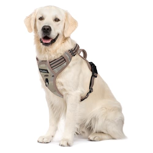 Funfox Hundegeschirr Mittelgroße Hunde [L] - Verstellbares Anti-Zug Brustgeschirr mit Griff & Reflektorstreifen, Atmungsaktives No Pull Hundegeschirr für Grosse/Kleine Hunde Outdoor Tarngrün von Funfox