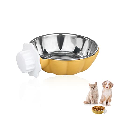 FuninCrea 2-in-1 Pet Crate Bowl for Crates & Cages, Removable Crate Water Bowl Cute Pumpkin Stainless Steel Pet Hanging Bowl, Small Cage Dog Bowl for Puppy Cats Small Animals (Yellow) von FuninCrea