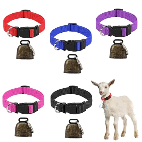 Funmo 5 Stück Ziegen Halsbänder, Ziegenhalsband mit Glocke, Schafhalsbänder mit Glocke Verstellbare Nylon Schaf Halsbänder für Kleine Nutztiere Ziege Schaf mit Anti-Verlust-Halsband von Funmo