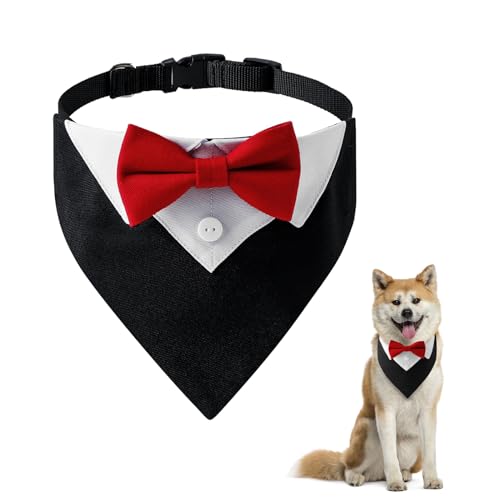 Funmo Formelles Hunde-Smoking-Bandana, Rotes Hundesmoking,Formelles Hunde-Smoking-Bandana für Hochzeit Geburtstag Kostüme Hochzeitshalsband mit Fliege und Halsband für Hunde und Katzen M von Funmo