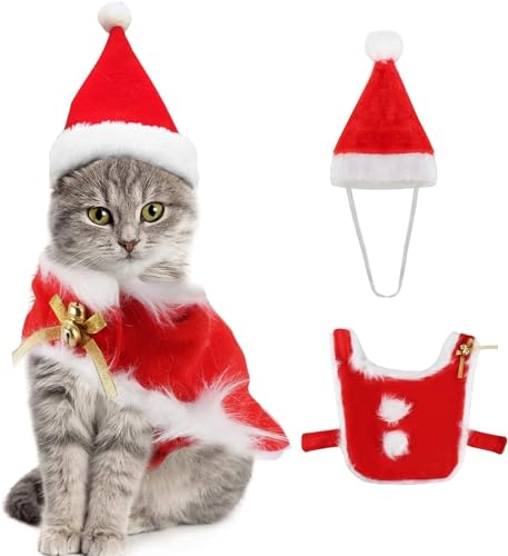 Funmo Haustier Weihnachtskostüm Set,2 Stück Katzenkostüm Weihnachten mit Verstellbare Katzen-Weihnachtsmütze,Hunde Weihnachtskostüm,für Hunde, Katzen, Welpen, Geschenk (Rot) von Funmo