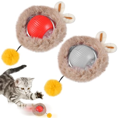 Katzenball Elektrischer mit LED Licht, 2 Pcs Interaktives Katzenspielzeug Ball 360° mit 3 Modi Automatischer Interaktiver Spielball für Katzen USB-C Wiederaufladbar mit Plüschhülle (2er Set Grau/Rot) von Funmo