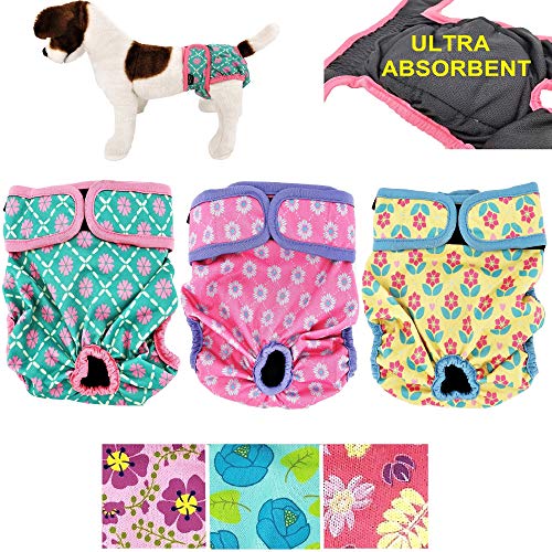 Hündinnen Windeln mit 4 Lagen saugfähiger Pads Katze Höschen Wasserdicht Auslaufsicher Waschbar (S: Taille 30,5 cm - 40,6 cm, Neonmuster) 3 Stück von FunnyDogClothes