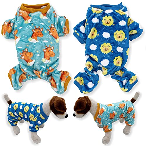 Hunde-Pyjama, weich, warm, Fleece, für kleine und mittelgroße Haustiere, XXS-L, 2 Farben: Blaugrün, Giraffen, blaue Löwen, L: Länge 45,7 cm, Brustumfang 55,9 cm - 66 cm, 2 Stück von FunnyDogClothes