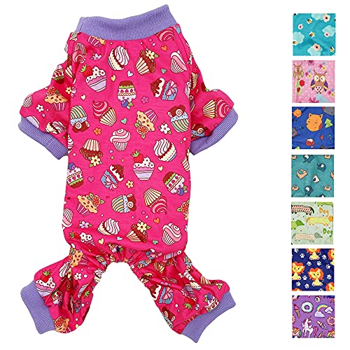Hunde-Pyjama, weiche Baumwollmischung, Jumpsuit für kleine und mittelgroße Haustiere (Hot Pink Cupcakes, XXS: Länge 20,3 cm, Brustumfang 25,4 cm – 30,5 cm) von FunnyDogClothes