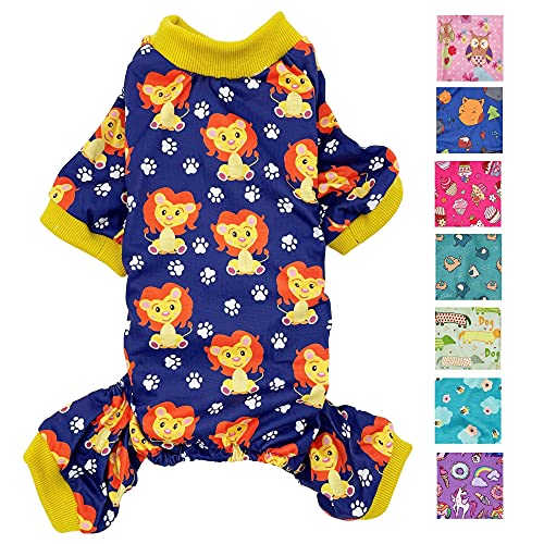Hunde-Pyjama, weiche Baumwollmischung, Jumpsuit für kleine und mittelgroße Haustiere (Marineblaue Löwen, XS: Länge 25,4 cm, Brustumfang 30,5 cm – 40,6 cm) von FunnyDogClothes