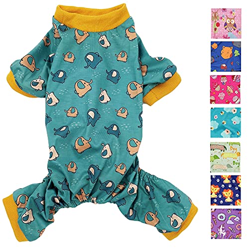 Hunde-Pyjama, weiche Baumwollmischung, Jumpsuit für kleine und mittelgroße Haustiere (grüne Elefanten, Größe S: Länge 30,5 cm, Brustumfang 35,6 cm – 43,2 cm) von FunnyDogClothes