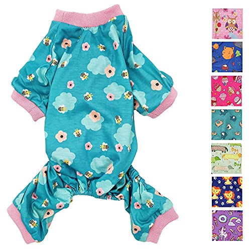 Hunde-Pyjama, weiche Baumwollmischung, Jumpsuit für kleine und mittelgroße Haustiere (hellblaue Bienen, M: Länge 38,1 cm, Brustumfang 45,7 cm – 55,9 cm) von FunnyDogClothes