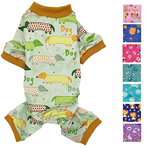 Hunde-Pyjama, weiche Baumwollmischung, Jumpsuit für kleine und mittelgroße Haustiere (hellgrüne Hunde, XS: Länge 25,4 cm, Brustumfang 30,5 - 40,6 cm) von FunnyDogClothes