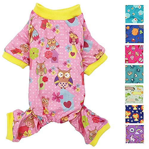 Hunde-Pyjama, weiche Baumwollmischung, Jumpsuit für kleine und mittelgroße Haustiere (rosa Eulen, S: Länge 30,5 cm, Brustumfang 35,6 cm – 43,2 cm) von FunnyDogClothes