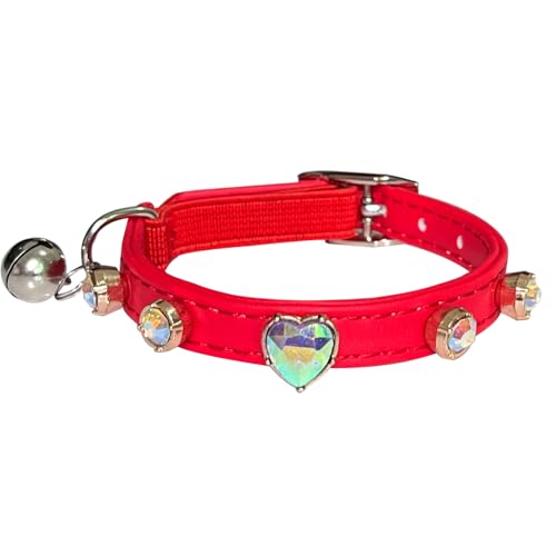 Fupo Bling Kätzchen-Halsband mit Glöckchen, Strass-Leder-Katzenhalsband, verstellbarer Halsumfang 19,1 cm bis 25,4 cm, für weibliche Kätzchen, Mädchen, Rot von Fupo