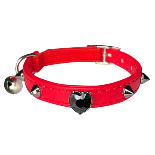 Fupo Katzenhalsband mit Glöckchen und Sicherheitsgurt, rotes Leder, Kätzchenhalsband mit herzförmigen Strasssteinen, verstellbarer Halsumfang 19,1 cm bis 25,4 cm, für Kätzchen, Mädchen, Rot von Fupo