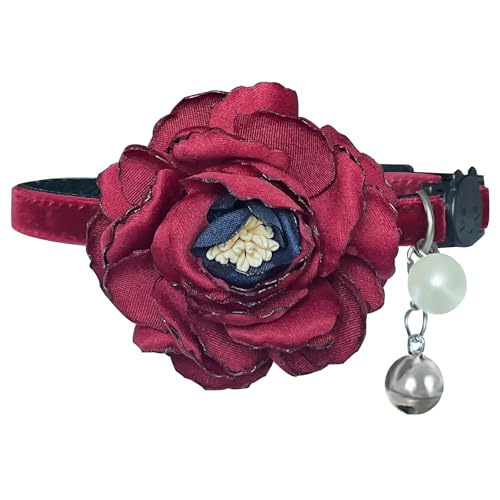Sicherheits-Halsband für Katzen | Breakaway + Abnehmbares Glöckchen | Weinroter Samt mit Blume von Fupo