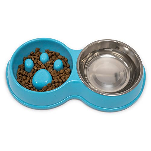 Fur & Bone Double Slow Feeder Hundenapf | Erhöhter Hundenapf mit rutschfestem Boden | Hundenäpfe | Hundewasser Edelstahlnapf | Abnehmbare erhöhte Katze (Blau) von Fur & Bone