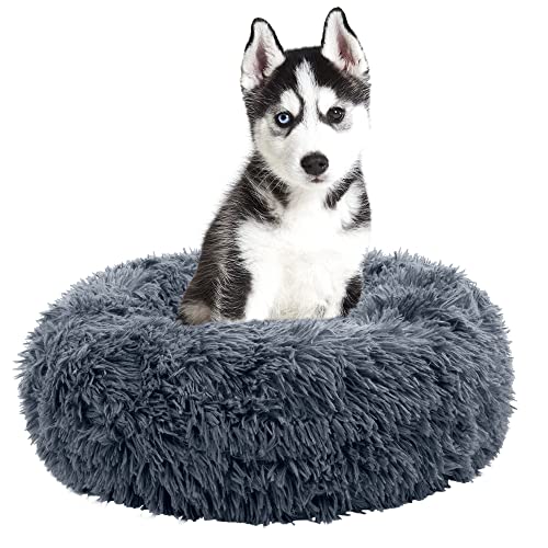Fur & Bone Rundes Plüsch-Katzen- und Hundebett, beruhigendes Donut-Plüsch, waschbar, super weich und flauschig, für warmen Schlaf (50 cm, dunkelgrau) von Fur & Bone