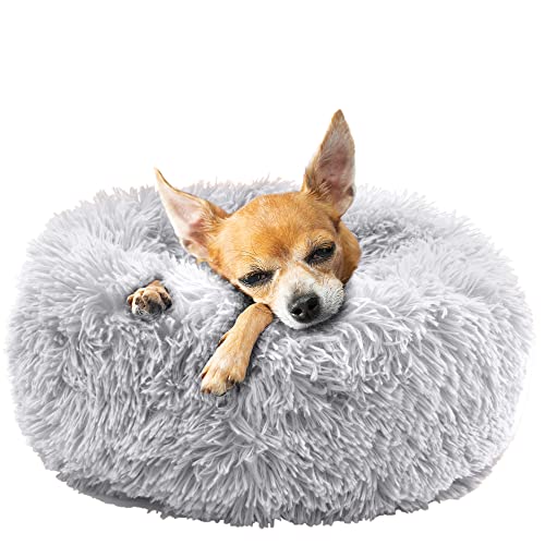 Fur & Bone Rundes Plüsch-Katzen- und Hundebett, beruhigendes Donut-Spielzeug, waschbares Haustierbett, super weich und flauschig, für warmen Schlaf (40 cm, grau) von Fur & Bone