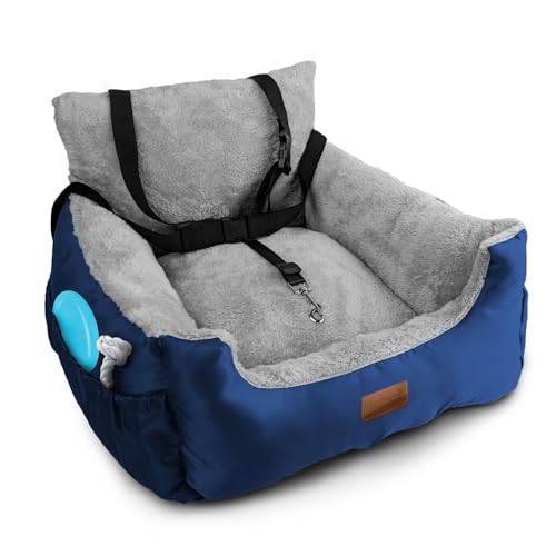 Furdreams Hundeautositz (Marineblau/Grau), Plüsch & Gemütlicher Haustier-Autositz für kleine Hunde & Katzen mit Aufbewahrungstasche, Auto-Hundebett mit Sicherheitsleine, wasserdichtem Futter und von FurDreams