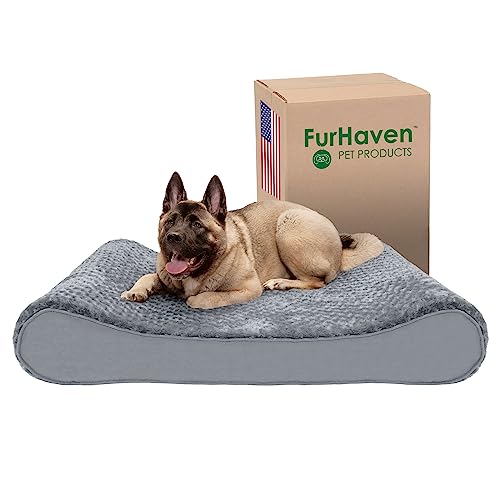 Furhaven XXL Memory Foam Hundebett Ultra Plüsch Kunstfell & Wildleder Luxe Liege mit abnehmbarem, waschbarem Bezug – Grau, Jumbo Plus (XXL) von Furhaven