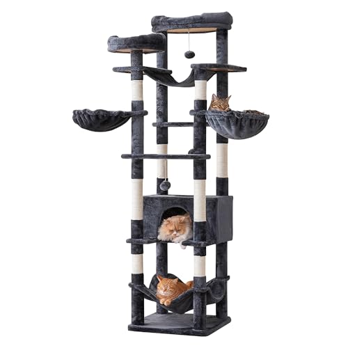 Furcato 190 cm hoher Katzenbaum für Indoor-Katzen, mehrstufiger großer Katzenturm mit 4 Hängematten, 2 gepolsterten Sitzstangen, großer Katzenhütte, Sisal-Kratzbäume und Hängespielzeug für große von Furcato