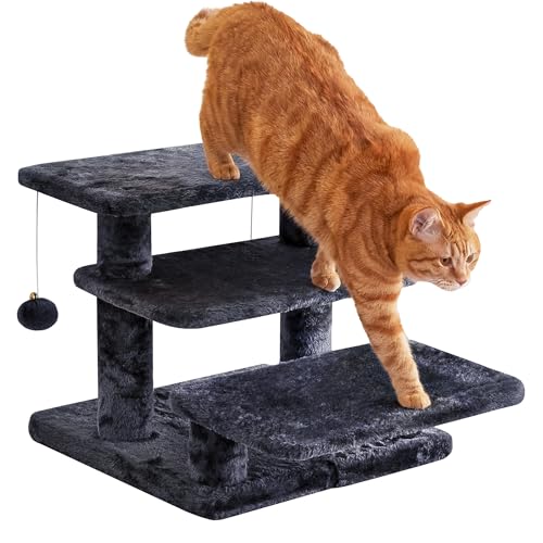 Furcato 38,1 cm H mehrstufige Haustiertreppe für hohe Betten und Sofas, 3-stufige Katzentreppe mit 2 Spielzeugbällen, breite Bretter für Indoor-Kätzchen, Hunde, Haustiere, Klettern, rauchgrau von Furcato