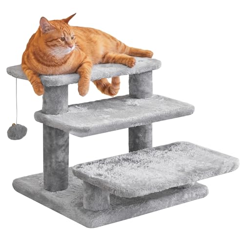Furcato Mehrstufige Haustiertreppe für hohe Betten und Sofas, 3-stufige Katzentreppe mit 2 Spielzeugbällen, breite Bretter für Indoor-Kätzchen, Hunde, Haustiere, Klettern, Hellgrau von Furcato