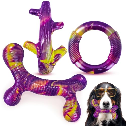 Unzerstörbares Hundespielzeug, 3 Stück, Kauspielzeug für aggressive Kauer, robustes Hundespielzeug, um sie zu beschäftigen, für mittelgroße und große Rassen, Speckgeschmack (lila) von Furdog