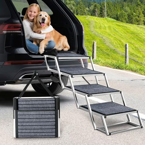 Hundetreppe Auto Für Große Hunde mit Teppich, Extra Breit 4 Stufen Hunderampe Auto Klappbar,Leichte Hunderampe Auto Klappbar, rutschfeste Hundetreppe für Lastwagen und SUV, Unterstützung bis 100 KG von Furggis