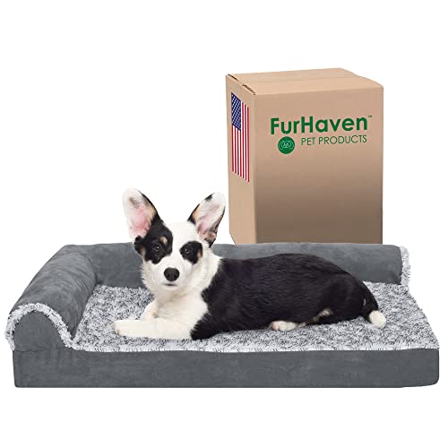 Furhaven Medium Orthopedic Dog Bed Two-Tone Faux Fur & Suede L Shaped Chaise w/Removable Washable Cover - Stone Gray, Medium von Furhaven