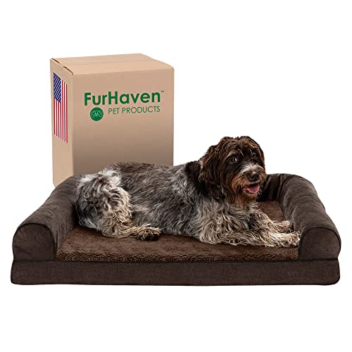 Furhaven XL Memory Foam Dog Bed Sherpa & Chenille Sofa-Style w/Removable Washable Cover - Coffee, Jumbo (X-Large) von Furhaven