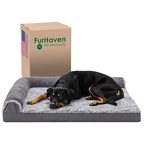 Furhaven XL Orthopedic Dog Bed Two-Tone Faux Fur & Suede L Shaped Chaise w/Removable Washable Cover - Stone Gray, Jumbo (X-Large) von Furhaven