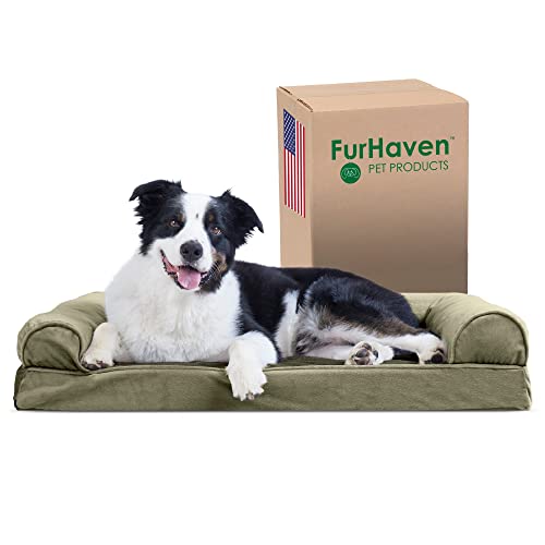 Furhaven Cooling Gel Dog Bed for Large/Medium Dogs w/Removable Bolsters & Washable Cover, For Dogs Up to 55 lbs - Faux Fur & Velvet Sofa - Dark Sage, Large von Furhaven